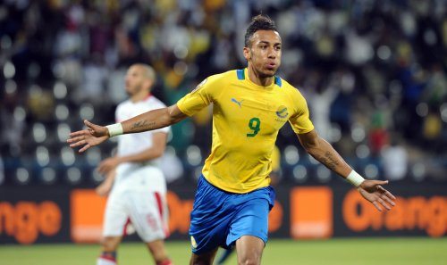 Gabon's Pierre-Emerick Aubamayeng celebrates after his goal that ensured his team won all their three group matches in the Cup of Nations for the first time.