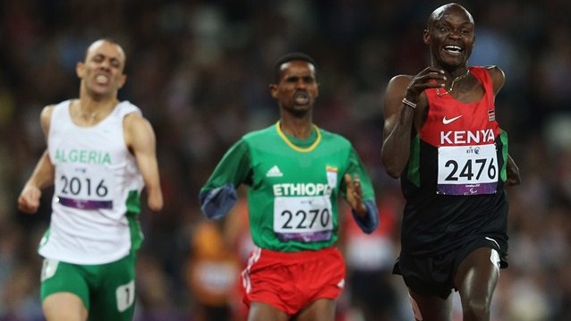 Abraham Tarbei of Kenya crosses the line to win gold in the men's 1500m - T46 final on Day 6 of the London 2012 Paralympic Games at Olympic Stadium.(Photo:London2012)