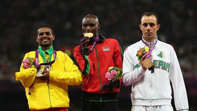 (L-R) Silver medallist Wondiye Fikre Indelbu of Ethiopia, gold medallist Abraham Tarbei of Kenya and bronze medallist Samir Nouioua of Algeria after the men's 1500m - T46.(Photo:London2012)