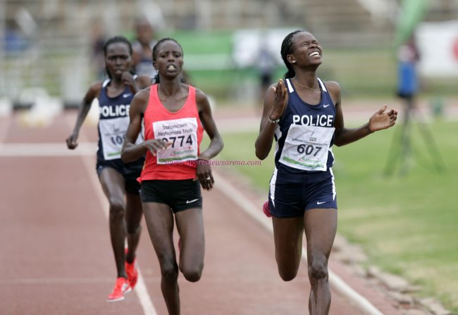 Purity Kirui reacts after crossing the line first during the national trials. She won the Gold in the 3000m steeplechase in Glasgow.(Photo by Shutterspeed)