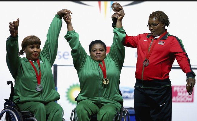 L-R: The medalists in the women's heavyweight powelifting-Nigerians Loveline Obiji, Bose Omolayo and Kenya's Jane Wambui.