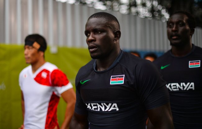 Kenya 7s Captain Andrew Amonde  and Humprey Kayange during the rugby 7s at the concluded Olympics in Rio.