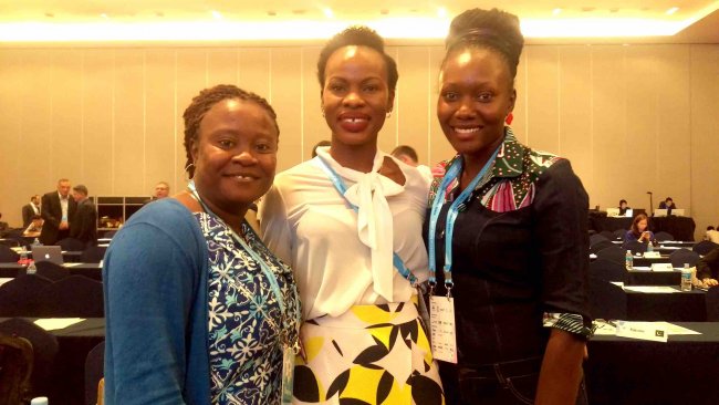 Evelyn Watta(center) with colleagues Vereso Mwanga of the Sports Journalists Association of Kenya and Rita Aliguma of the Uganda Sports Press Association soon after she was elected to the AIPS board.