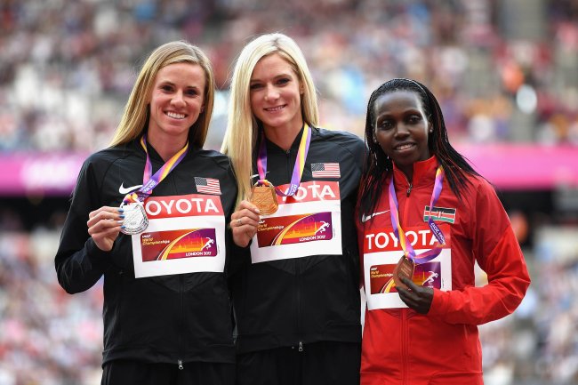 Courtney Frerichs (USA), silver, Emma Coburn (USA), gold, and Hyvin Kiyeng  (bronze), pose with their medals for the Women's 3000 metres Steeplechase. (Getty Images for IAAF)