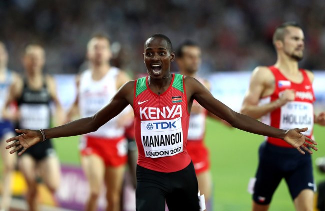 Elijah Manangoi reacts as he crosses the finish line to win gold in the Men's 1500 metres final during day ten of the 16th IAAF World Athletics Championships. (Getty Images for IAAF)