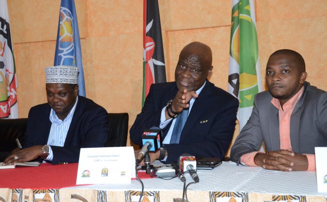 CAF vice president Constant Omari addresses the press after a joint meeting with FKF and government officials in one of the visits. (SNA. File Photo)
