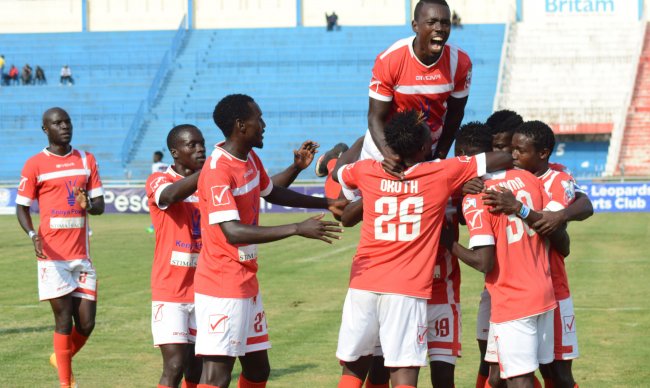 Western Stima players celebrate a goal against AFC Leopards in a past match. They face relegation if results do not favor them this weekend. (SNA. File Photo)